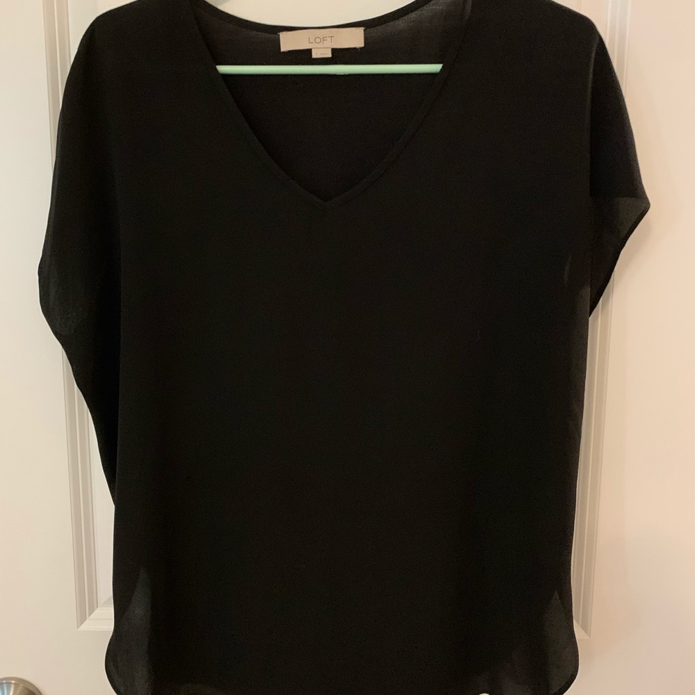 LOFT Mixed Media V-neck Black Top Size Small